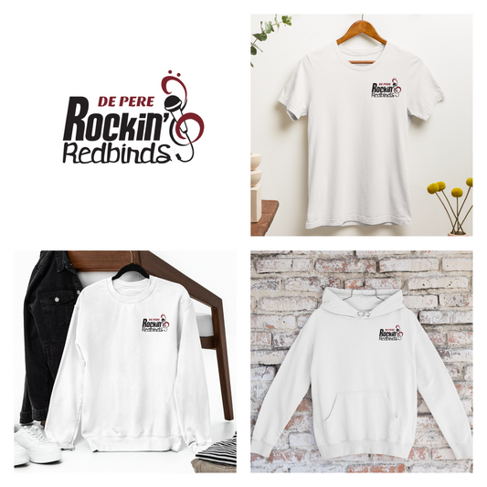 De Pere Rockin Redbirds Minimalist Design - White Tee, Crewneck, or Hoodie