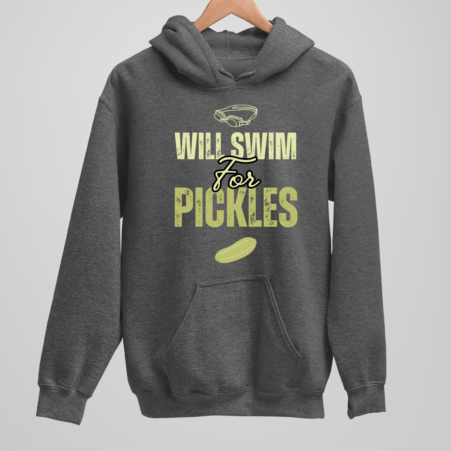 Will Swim for Pickles Graphic - Dark Heather Tee, Long Sleeve Tee, Crewneck, or Hoodie