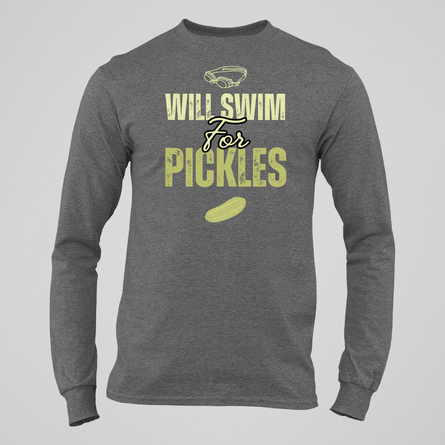 Will Swim for Pickles Graphic - Dark Heather Tee, Long Sleeve Tee, Crewneck, or Hoodie