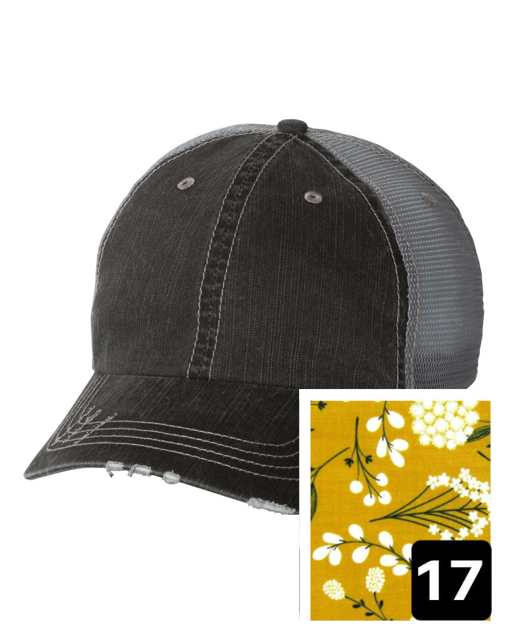 gray distressed trucker hat with light blue dotted fabric state of Georgia