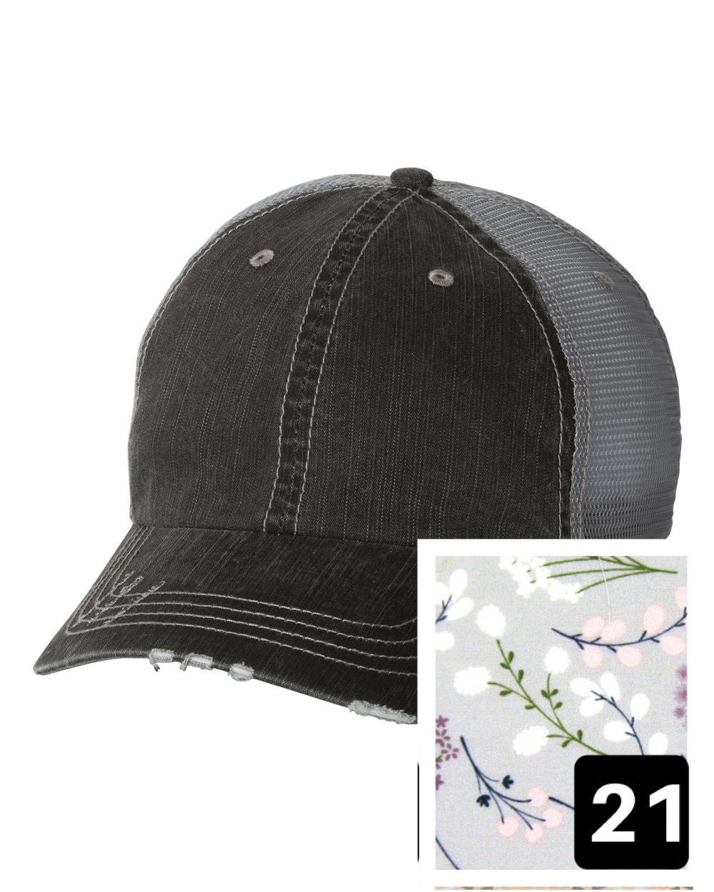 gray distressed trucker hat with yellow and white floral fabric state of Connecticut