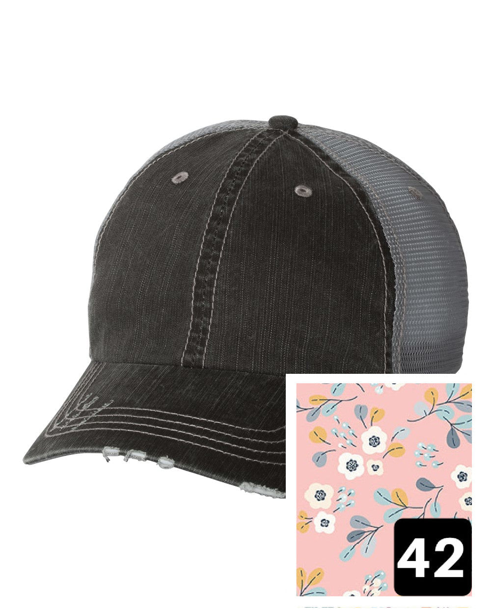 gray distressed trucker hat with light blue and pink mosaic fabric state of Hawaii