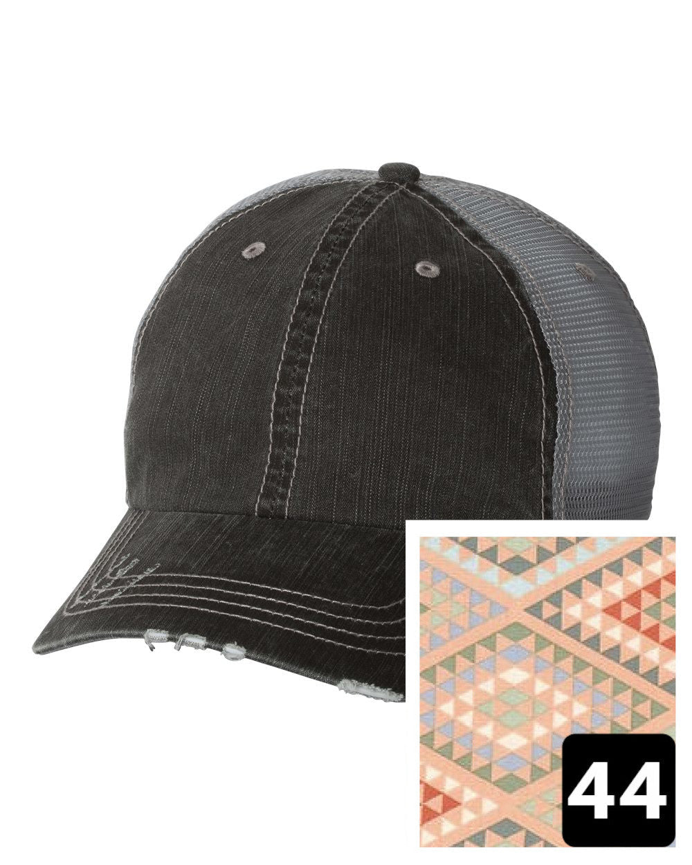 gray distressed trucker hat with navy coral and white chevron fabric state of South Carolina