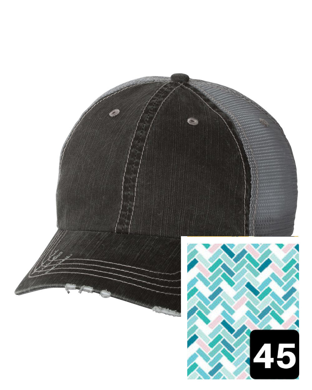 gray distressed trucker hat with navy coral and white chevron fabric state of Maine
