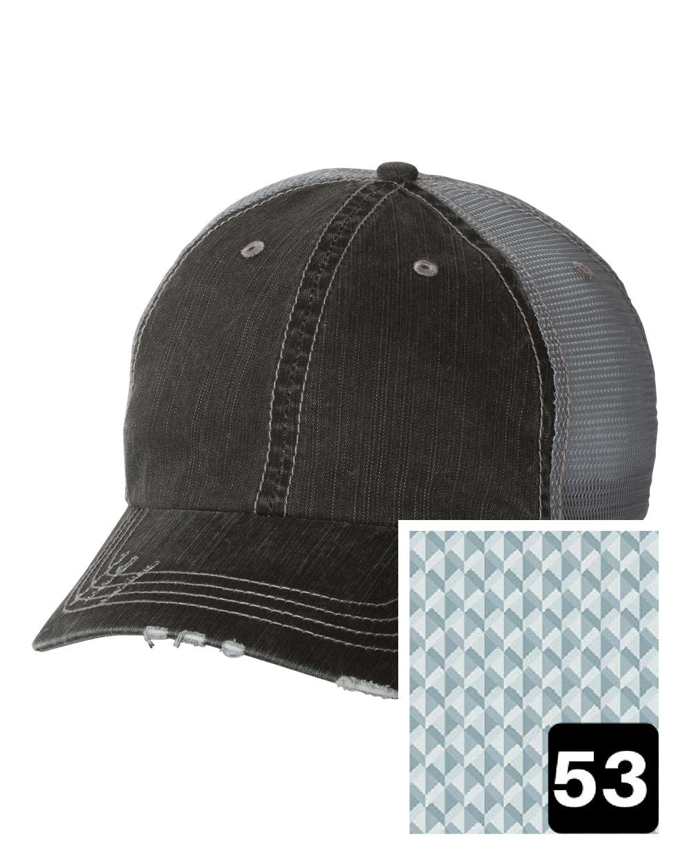 gray distressed trucker hat with multi-color stripe fabric state of Wyoming