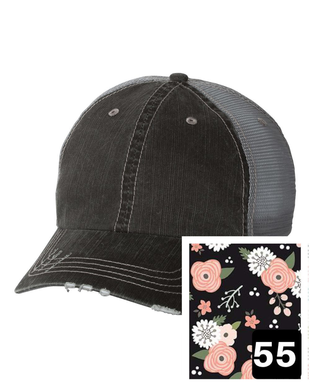 gray distressed trucker hat with petite floral on light blue fabric state of Maine