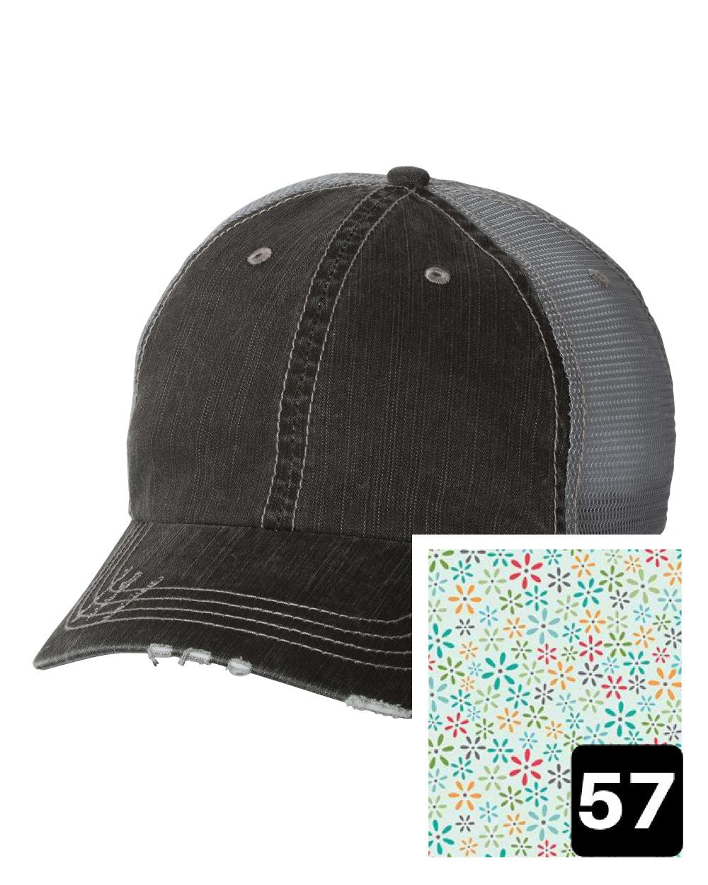 gray distressed trucker hat with white daisy on yellow fabric state of Hawaii