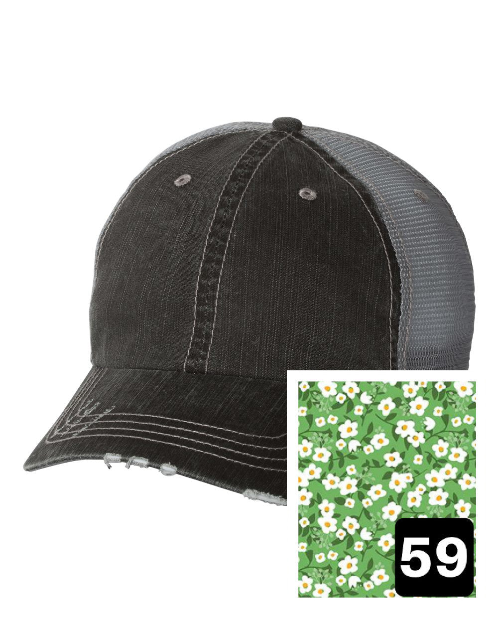 gray distressed trucker hat with white floral on red fabric state of Georgia