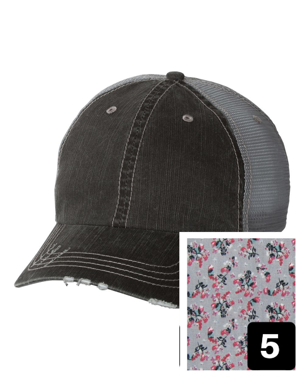 gray distressed trucker hat with purple and pink floral fabric state of UP of Michigan