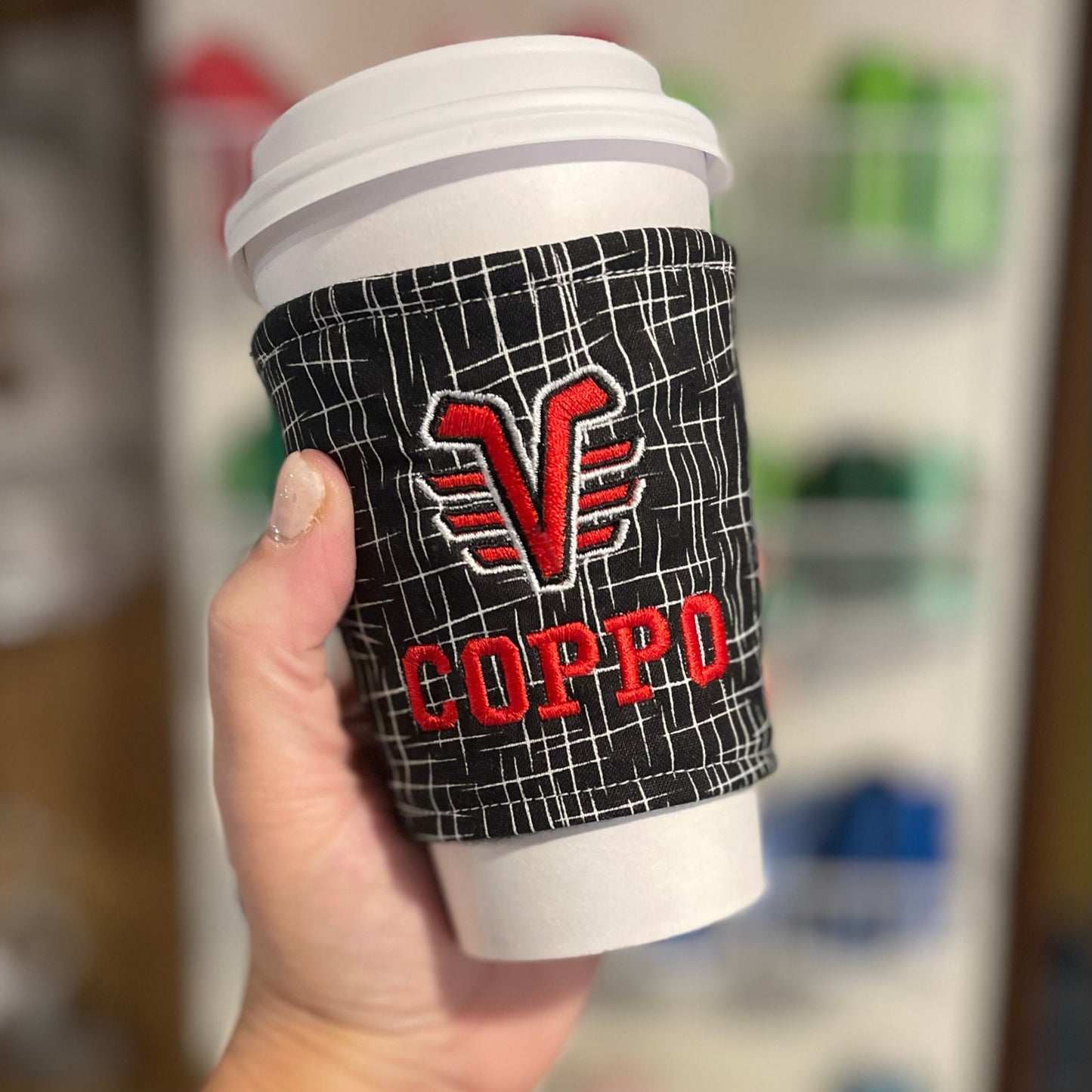 De Pere Voyageur Hockey Coffee Cuff | Iced Drink Cozy | To-Go Cup Sleeve | Custom Embroidered Personalized Beverage Cover | Hot Cocoa, Latte, or Tea Holder