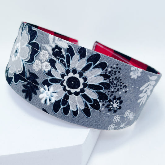 Comfortable Reversible Handmade Fabric Headband - Gray floral & Buffalo Plaid