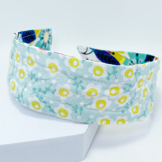 Comfortable Reversible Handmade Fabric Headband - Large Floral & White Daisies on Aqua
