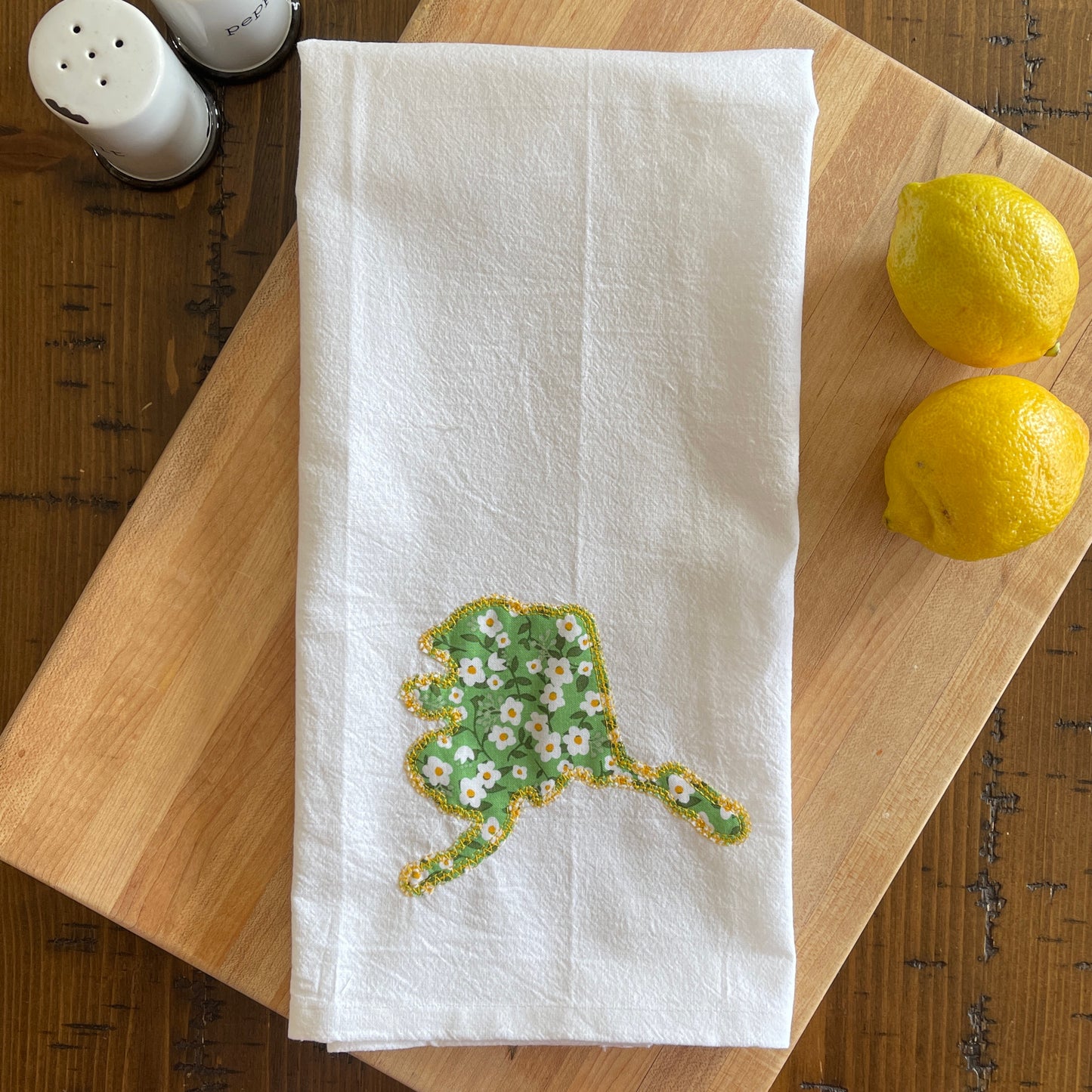 Custom State Applique Embroidered White Tea Towel