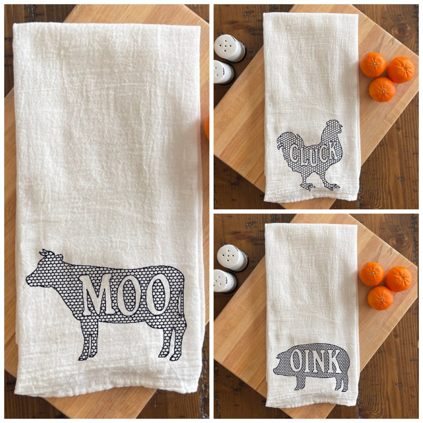 Cluck Chicken- Embroidered White Tea Towel - Farm Animals
