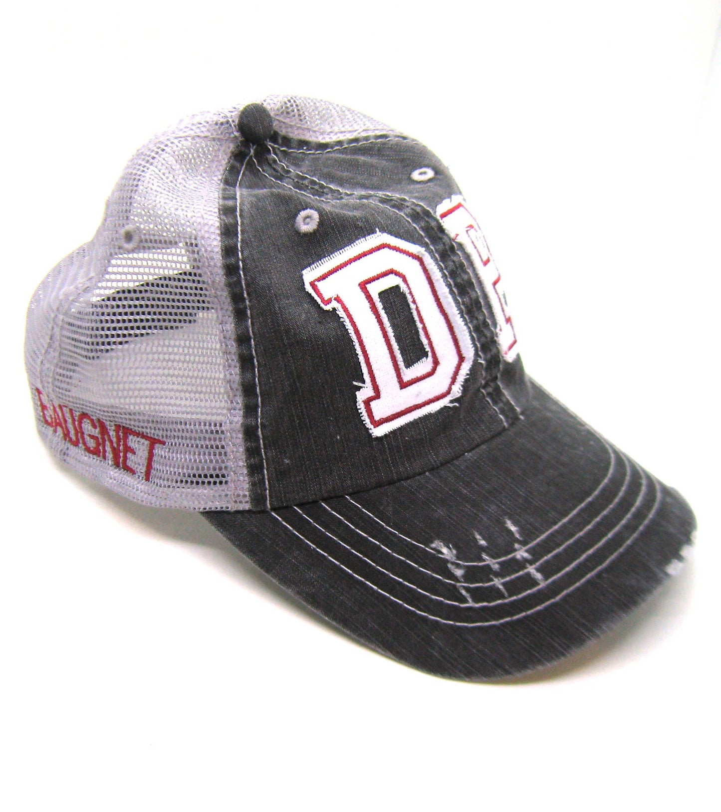 Gray Distressed Trucker Hat - DP De Pere Voyageur Hockey Hat - White Lettering with Cardinal Red Stitiching