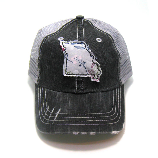 gray distressed trucker hat with gray floral fabric state of Missouri