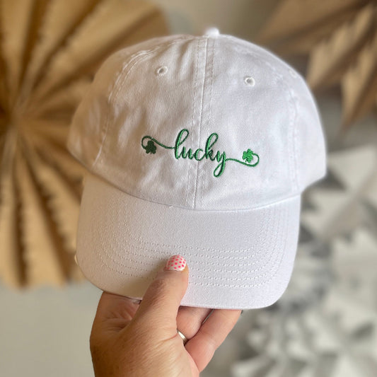 Youth/Small Fit Lucky St. Patrick's Day Embroidered Dad Hat | White Baseball Cap | St. Paddy's Day